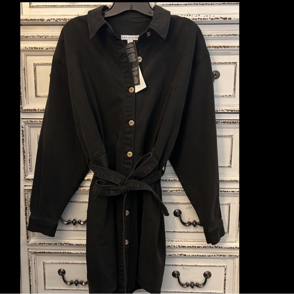 New And Now This black denim shirt dress with tie waist belt size M Oversized